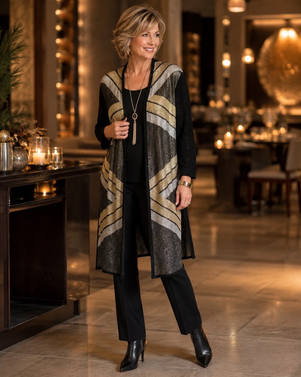 Chico’s Womens 2 L Metallic Geometric Long Duster Cardigan Black Gold Silver